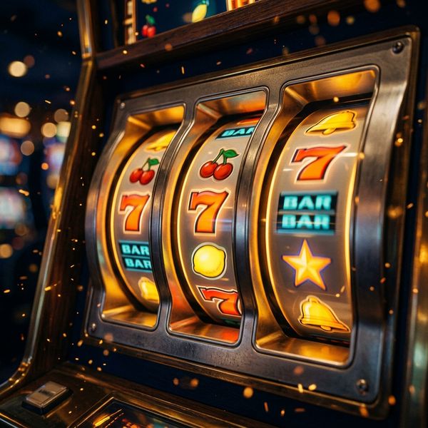 Spinning slot reels with glowing gold symbols