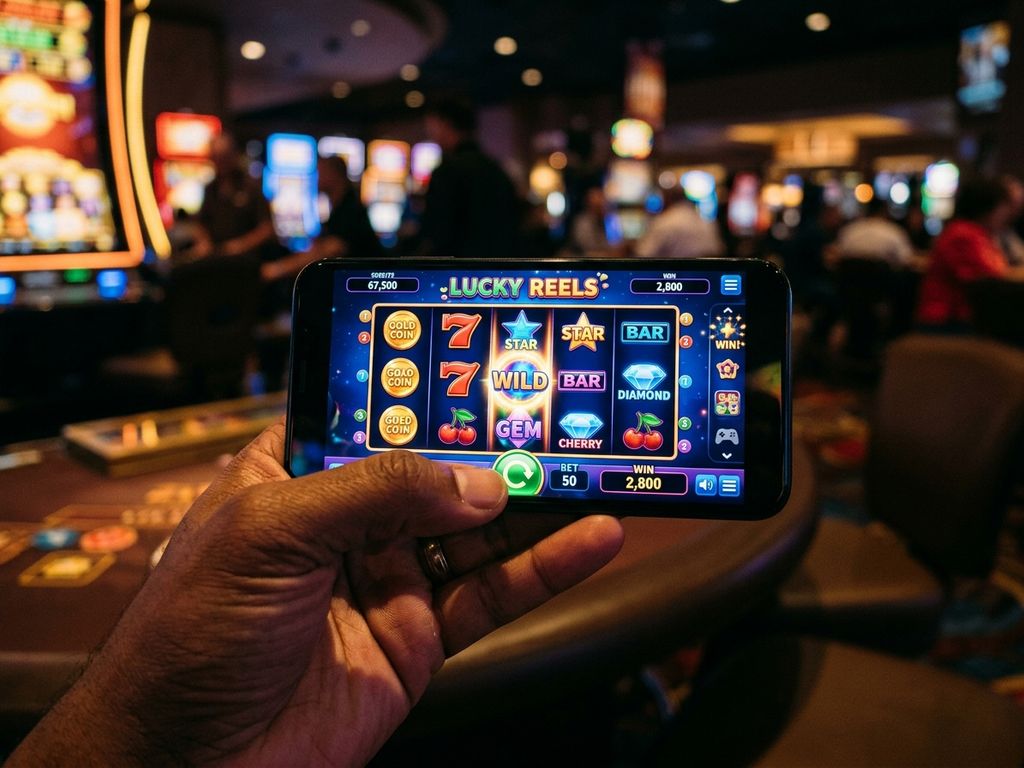 Smartphone displaying slot game in hand